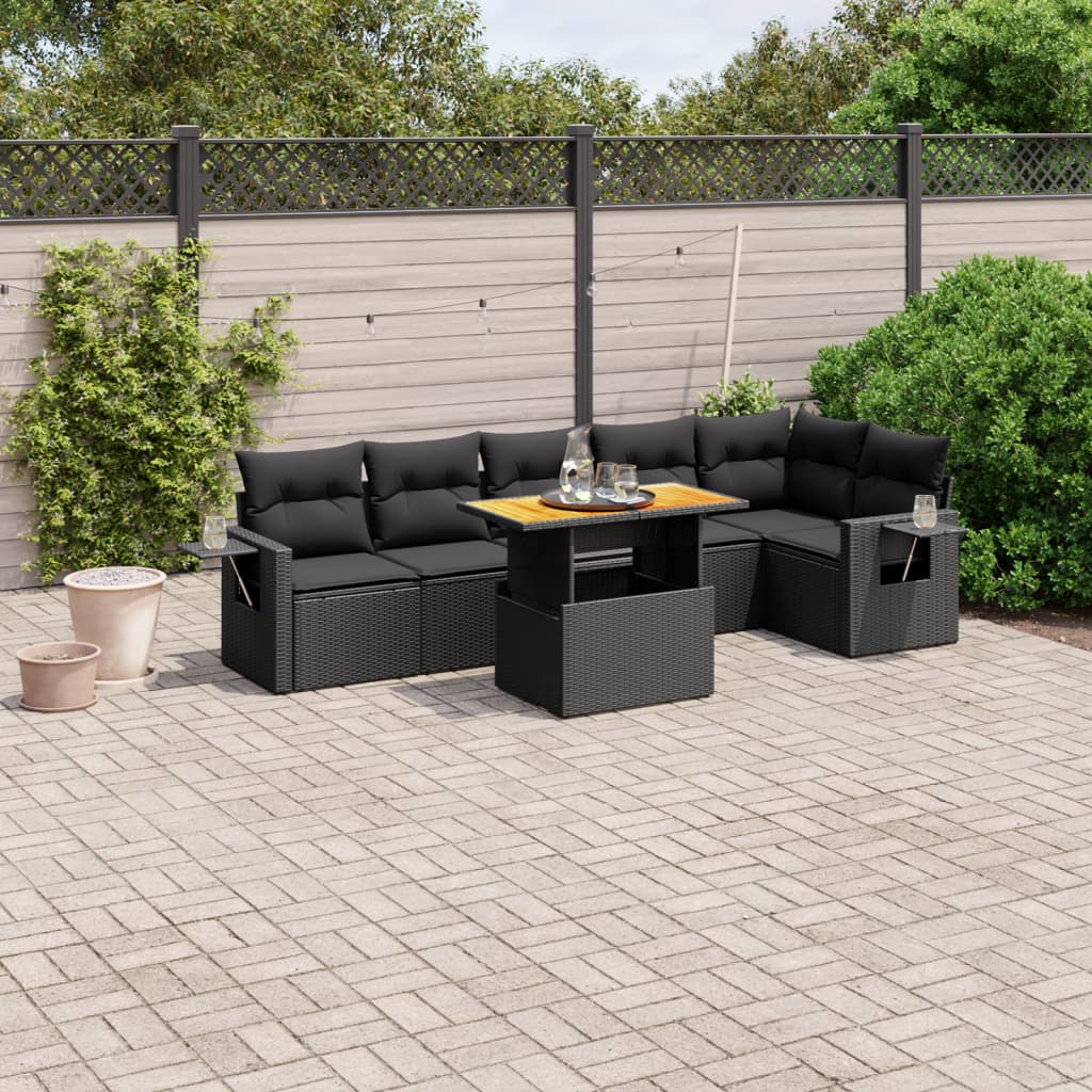 7-tlg. Garten-Sofagarnitur mit Kissen Schwarz Poly Rattan